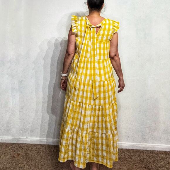 English Factory Yellow Textured Gingham Tiered Baby Doll Maxi Dress Sz M - Picture 10 of 12